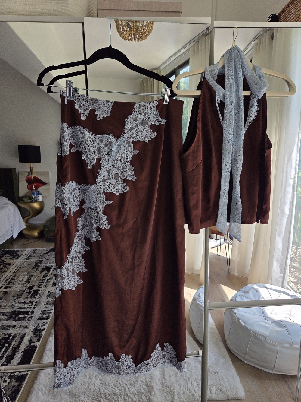 Women’s Brown Lace-Trim Slip Set